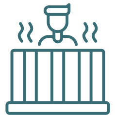Illustration of a person wearing a uniform behind bars, symbolizing imprisonment, with wavy lines indicating emotion or intensity.
