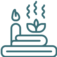 Icon of a lit candle, stacked towels, and a steam-emitting plant, representing relaxation or spa.