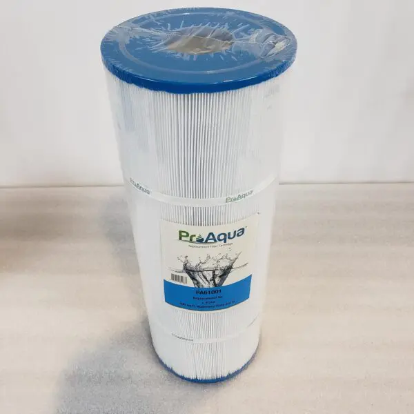 A white and blue filter sitting on top of a table.