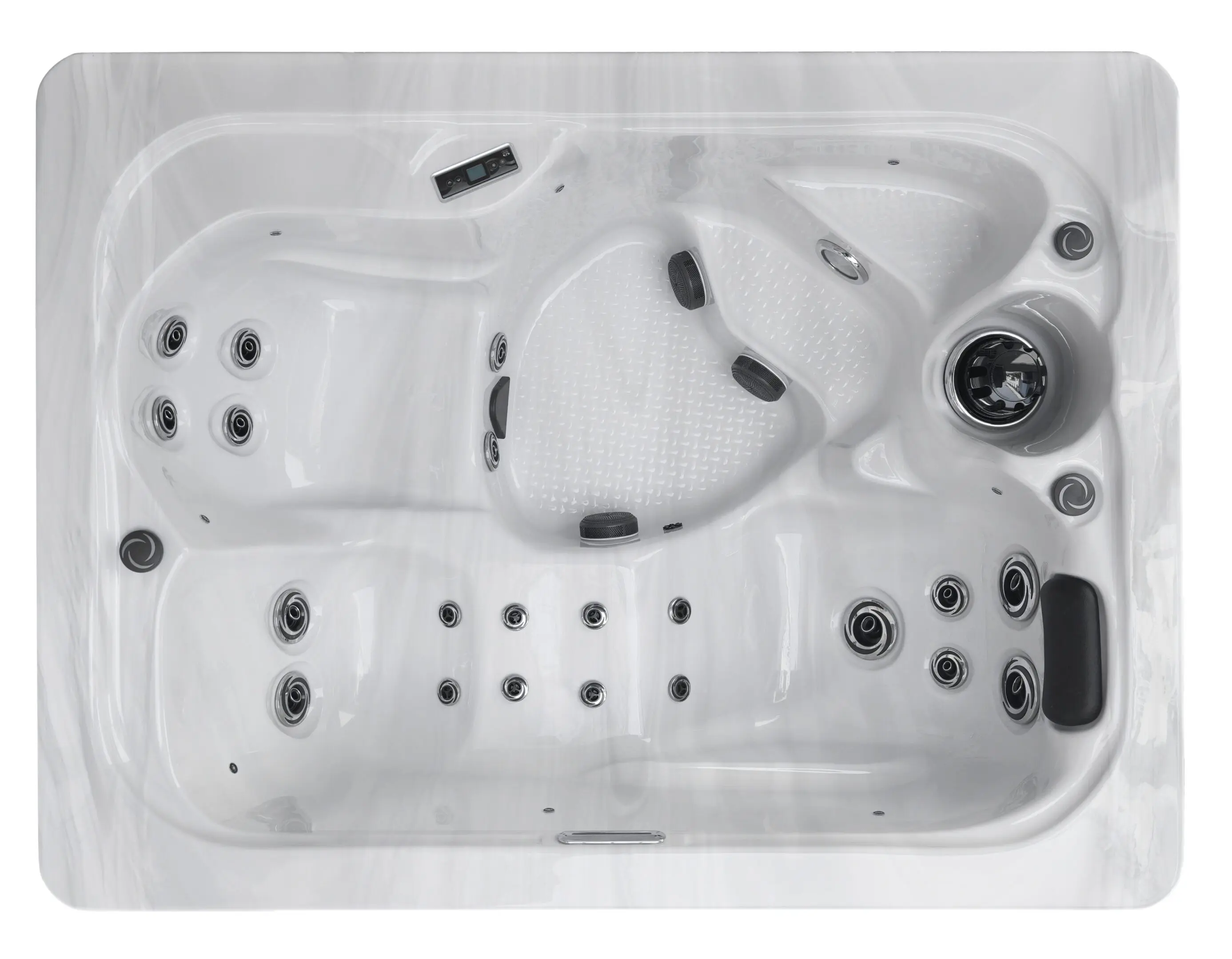 A white spa tub with black knobs and wheels.