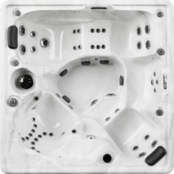 A white spa with black and silver buttons.