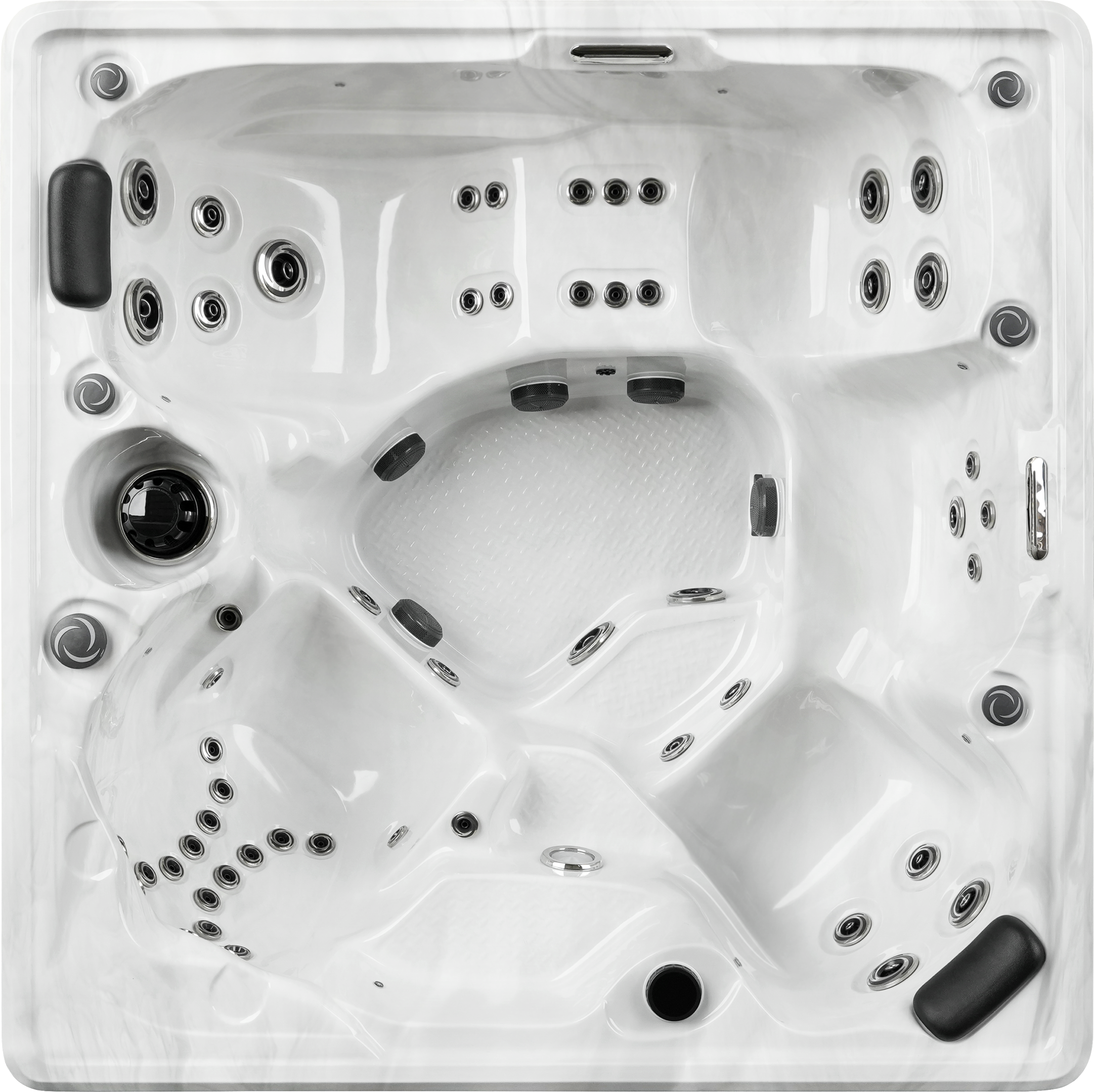 A white spa with black and silver buttons.