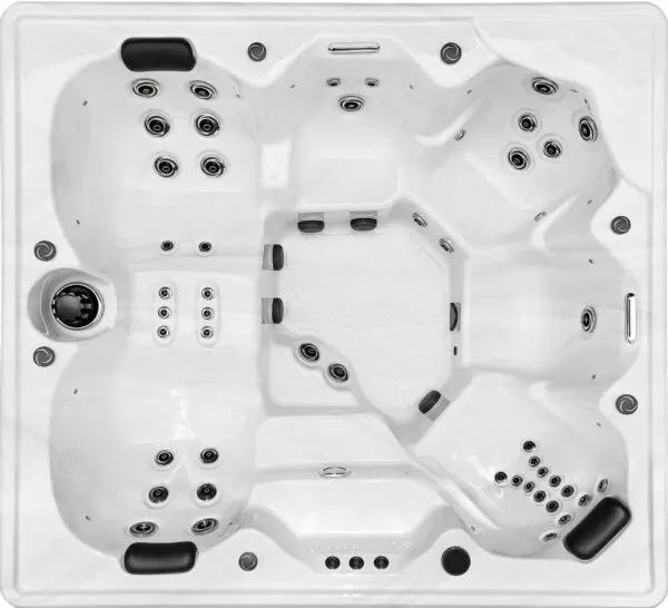 A white spa with black accents and a large center section.