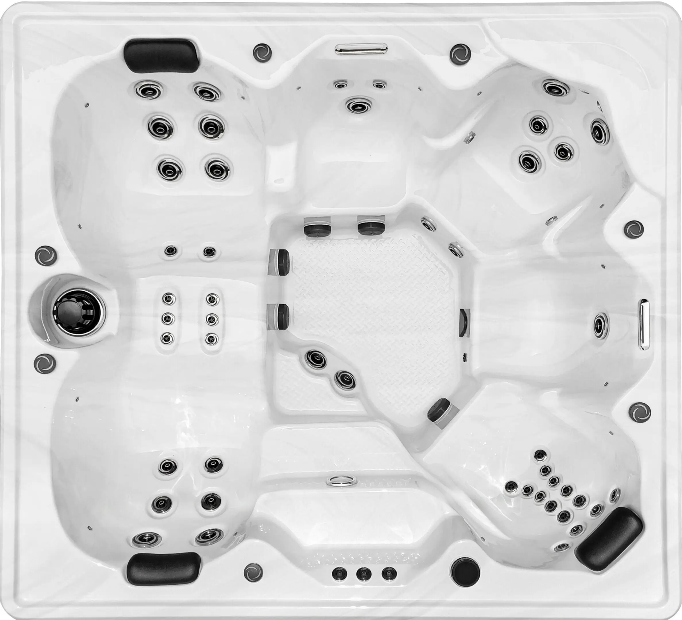 A white spa with black accents and a large center section.