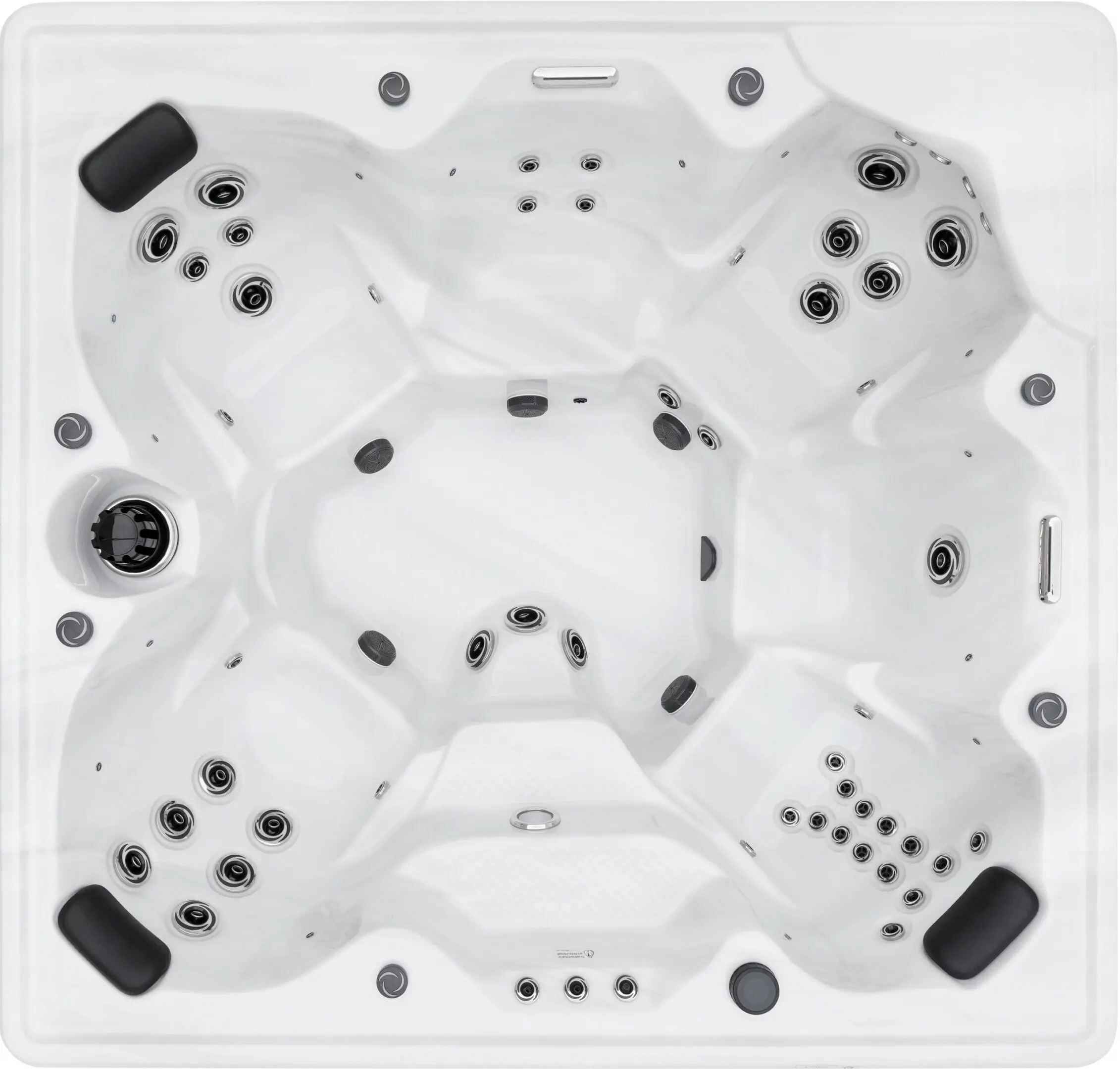 A white spa with black accents and no liner.