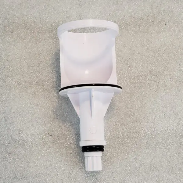 A white plastic bottle with a black cap.