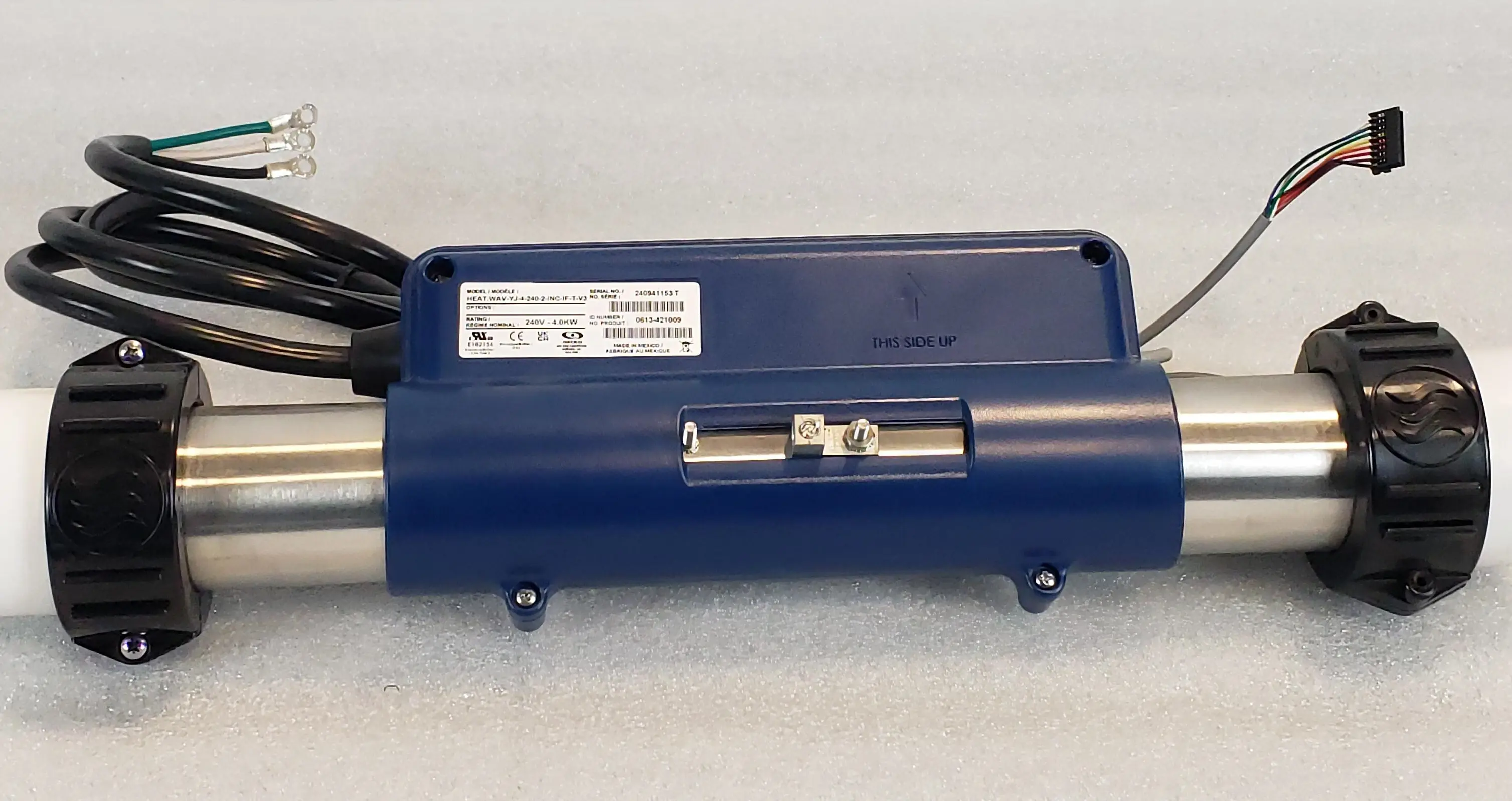 A blue electric motor with a black handle.