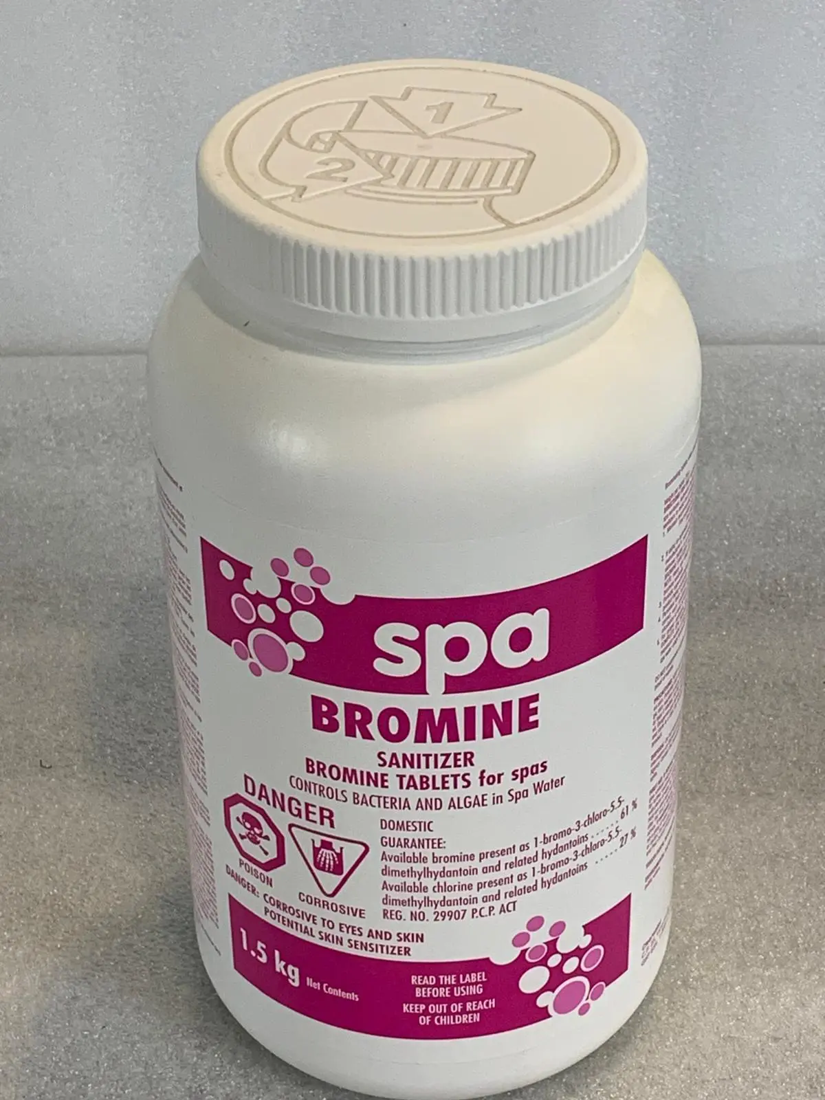 A bottle of spa bromine tablets for dogs.