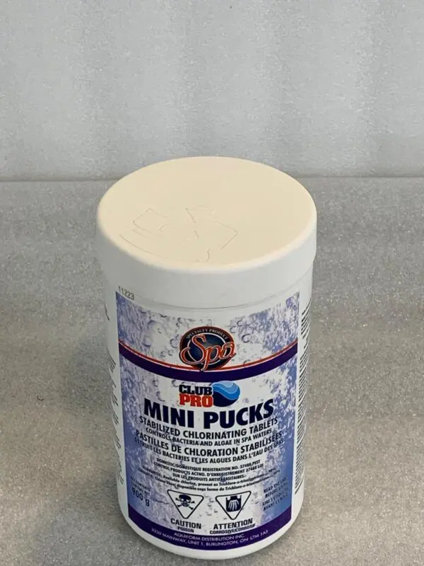A can of mini pucks is sitting on the counter.