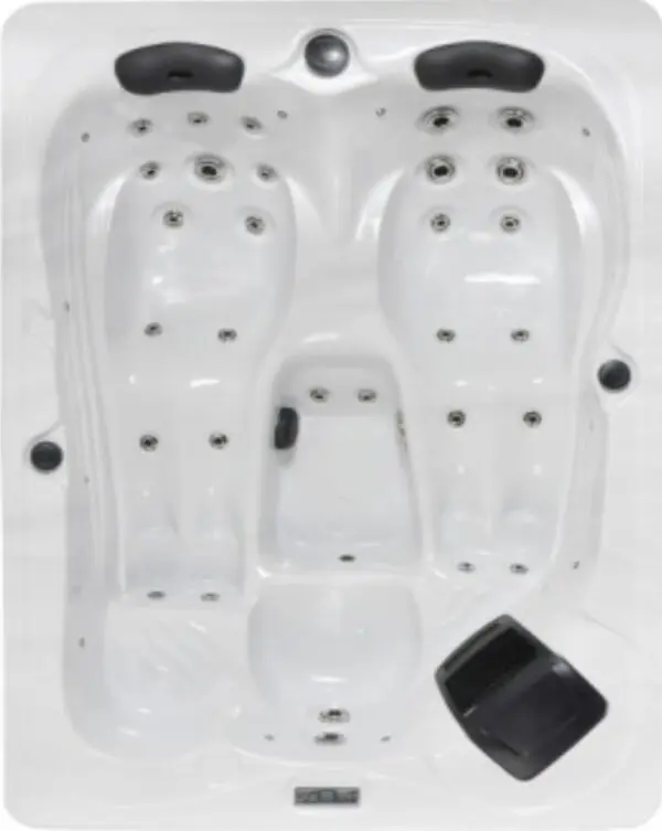 A white spa with two seats and black caps.