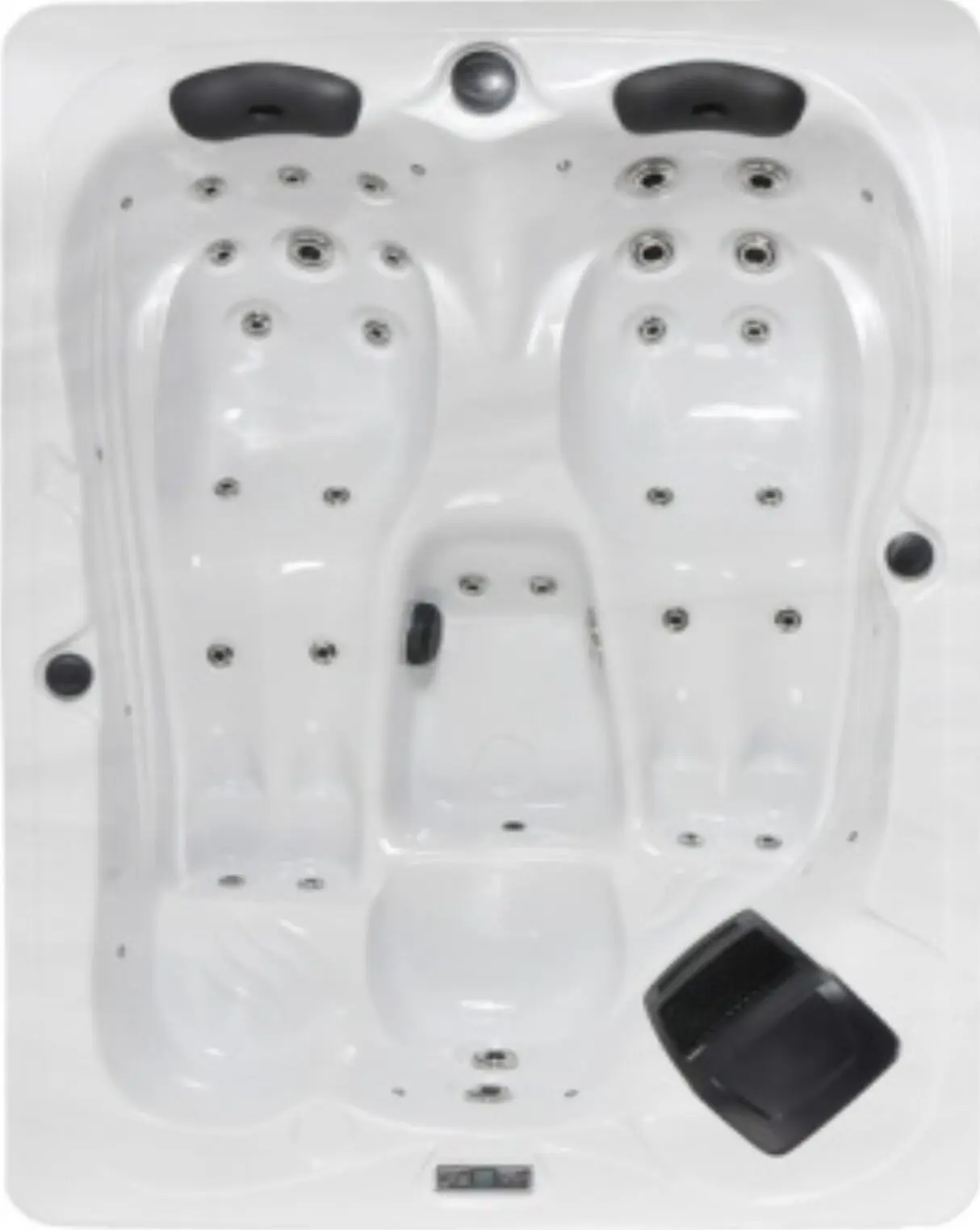 A white spa with two seats and black caps.