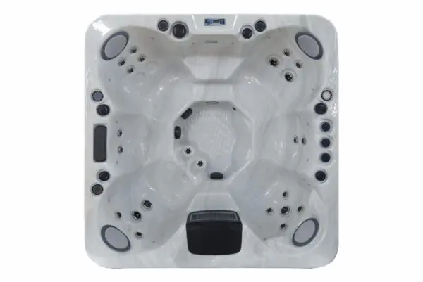 A top view of the spa that is sitting in the middle of the floor.