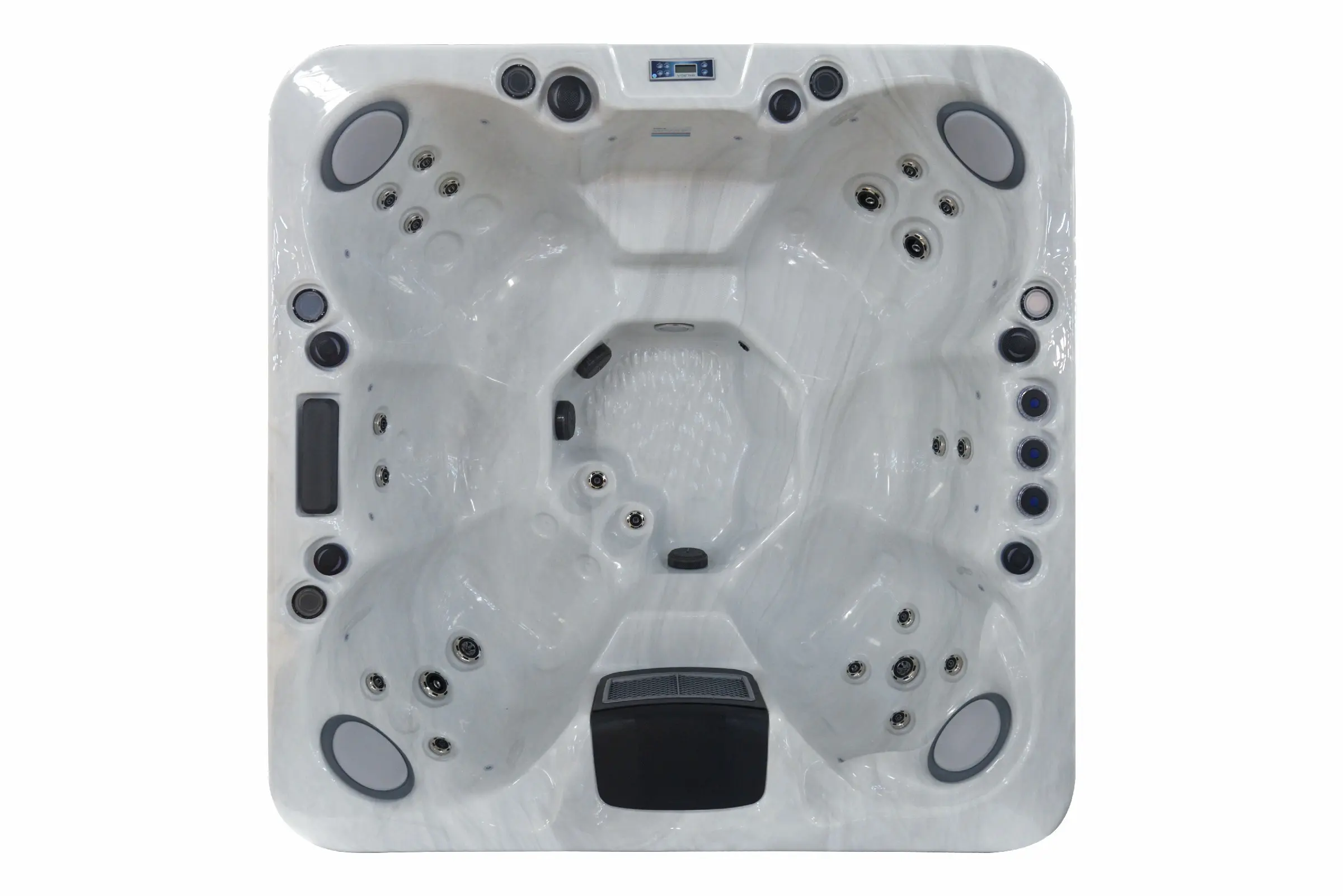 A top view of the spa that is sitting in the middle of the floor.
