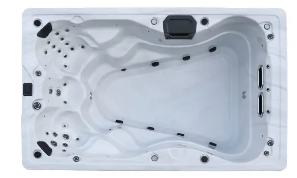 A white spa with black accents and a black handle.