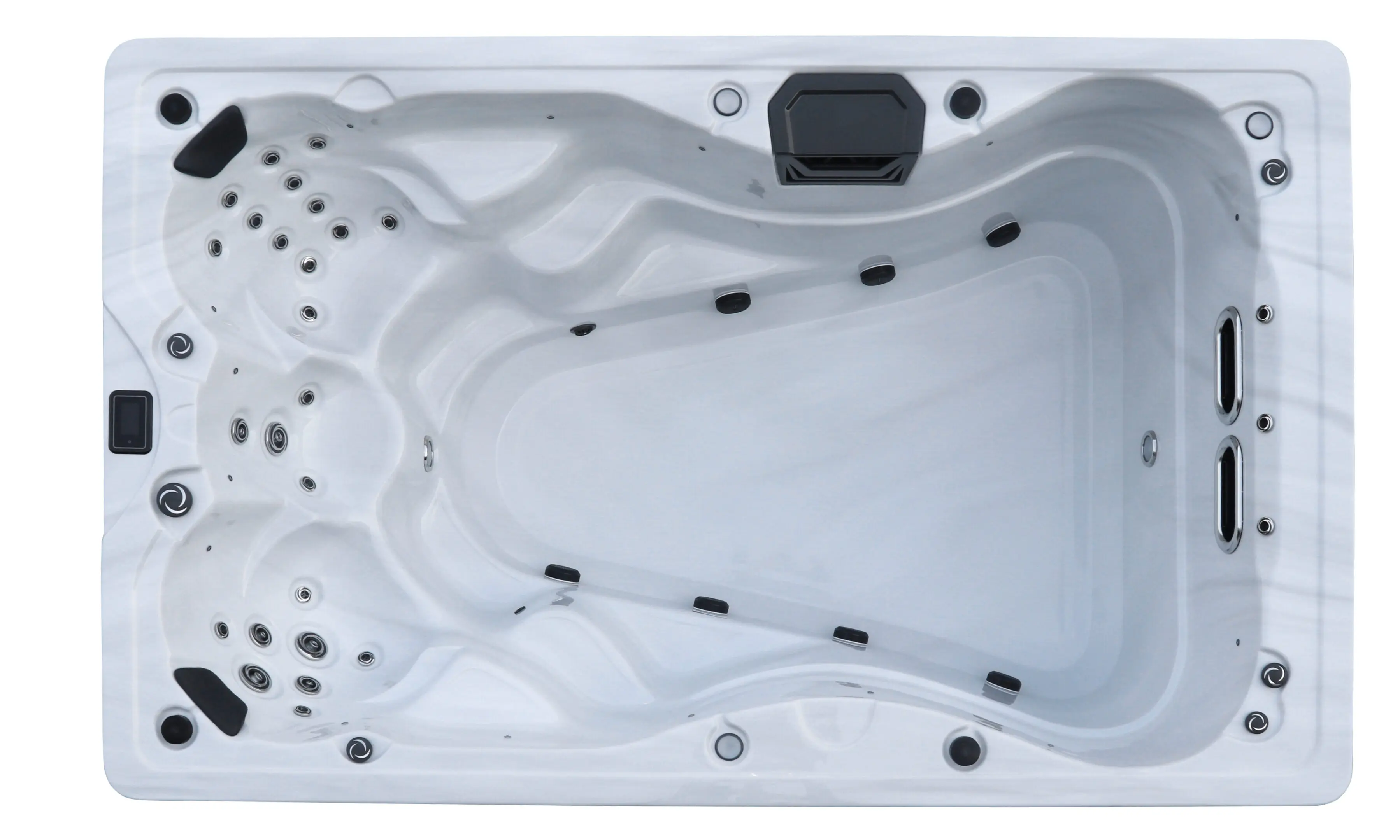 A white spa with black accents and a black handle.