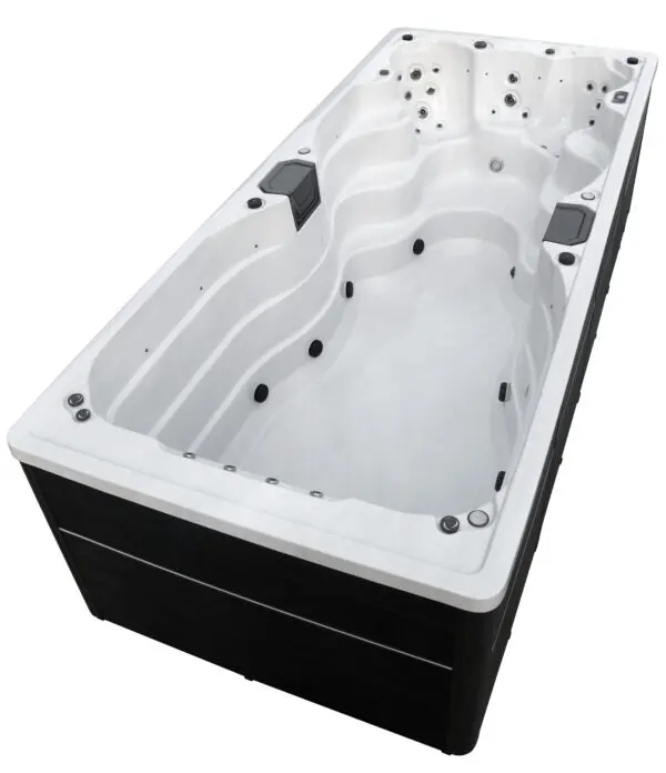 A large white spa with black trim and three separate sections.
