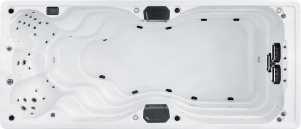 A white spa with black accents and a large bubble