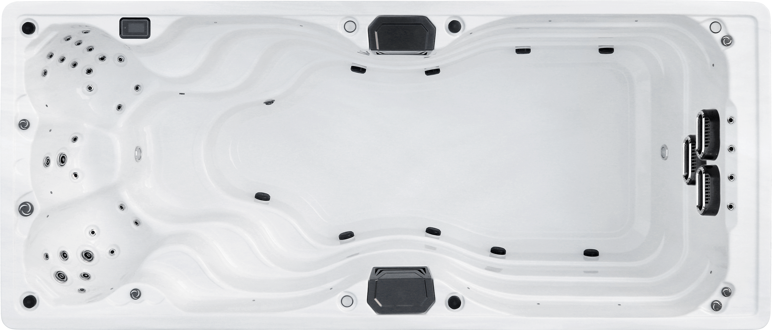 A white spa with black accents and a large bubble