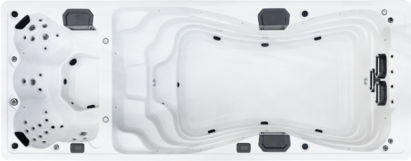 A white spa with black jets and a black side panel.