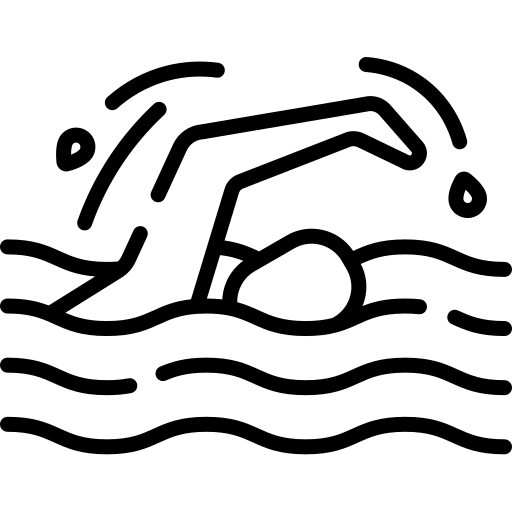 A black and white drawing of two people swimming.