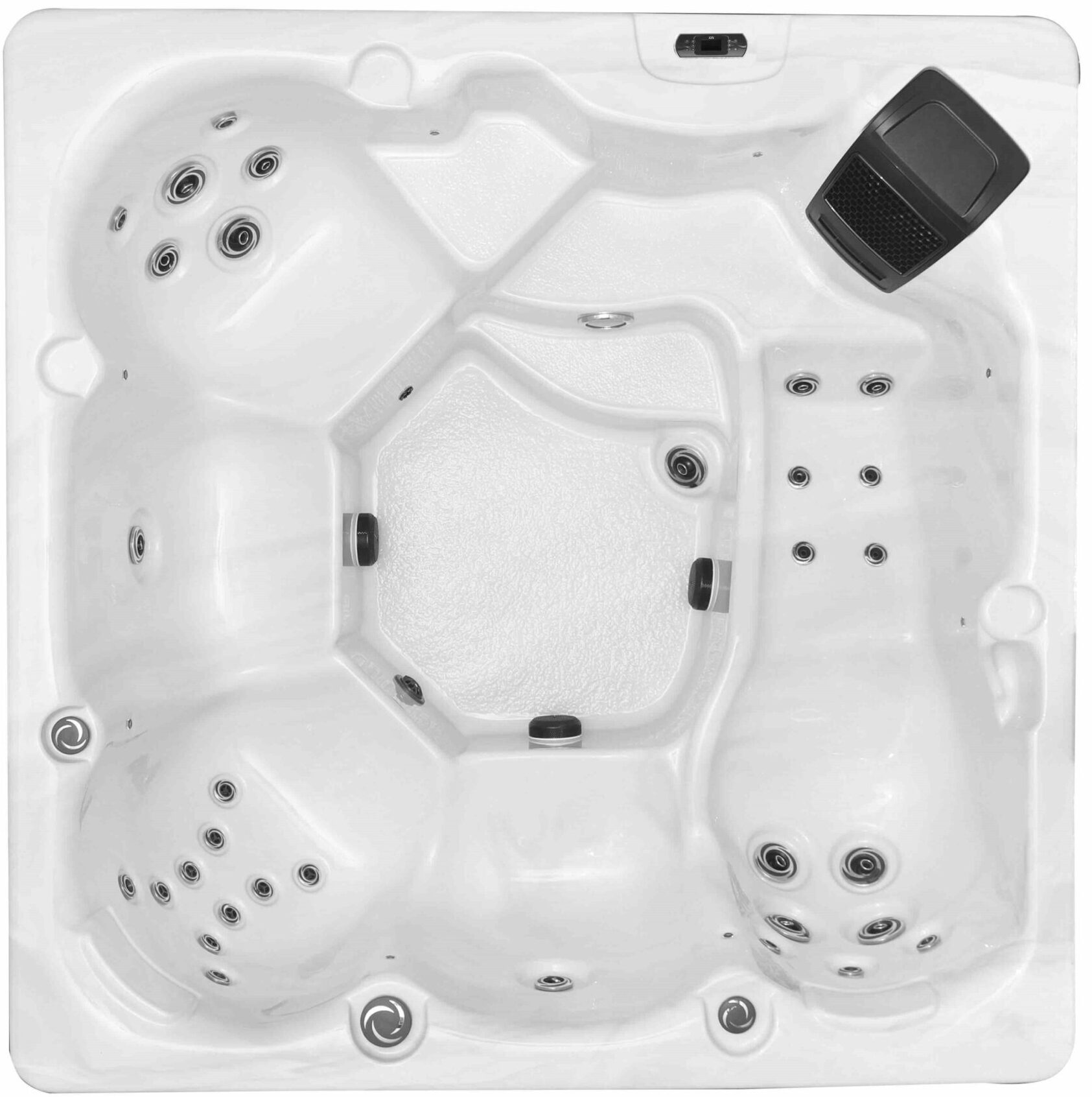 A white spa with many jets and a black handle.